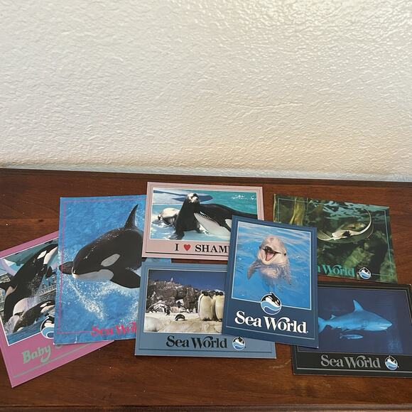 Lot Of 7 Vintage Sea World Post Cards Orca Shamu Dolphin Shark Penguins 80s - Picture 1 of 14